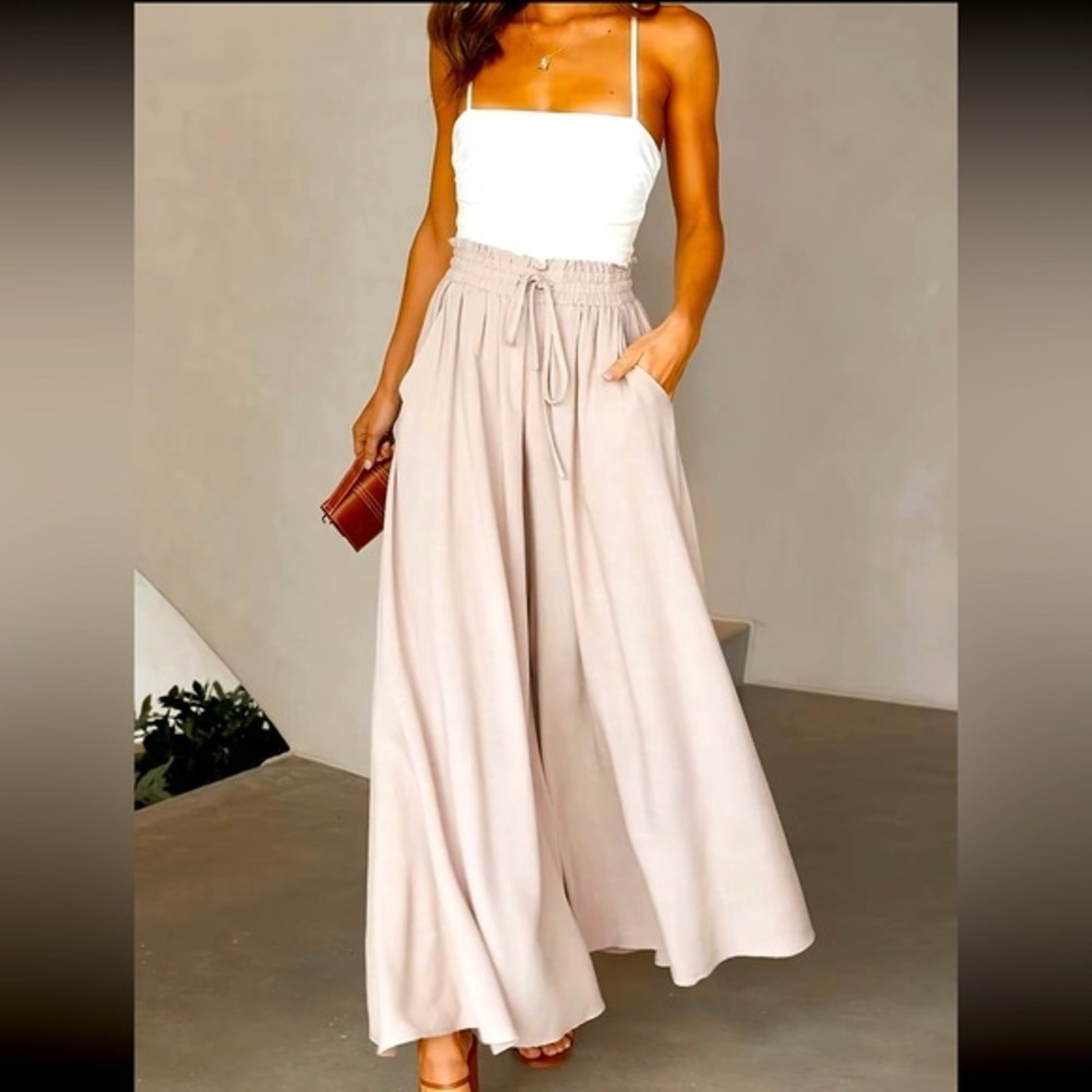 Mauve sz L BOHO lightweight super wide leg paper bag cinch tie high waist pants